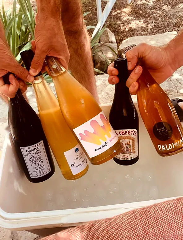 Cinco botellas de vino natural en una nevera con hielo, sujetas por varias manos