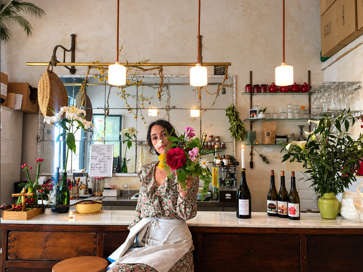 Gaby Mangeri sentada en la barra de Jugo, con un ramo de flores, bajo las lámparas y junto a las botellas de vino